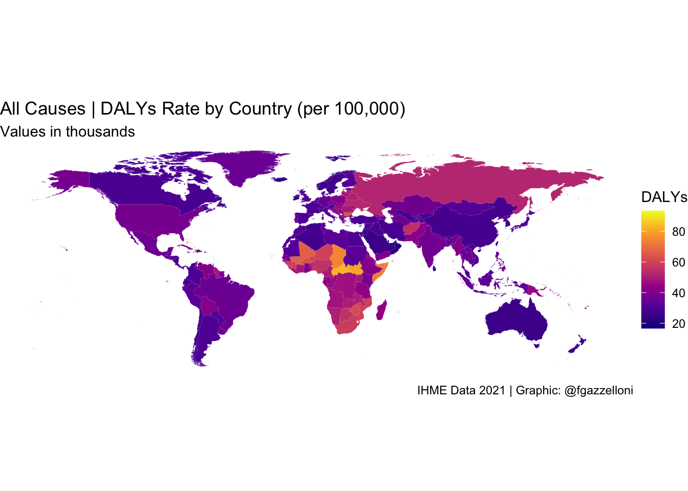 A choropleth map showing DALYs Rate by Country (per 100,000).